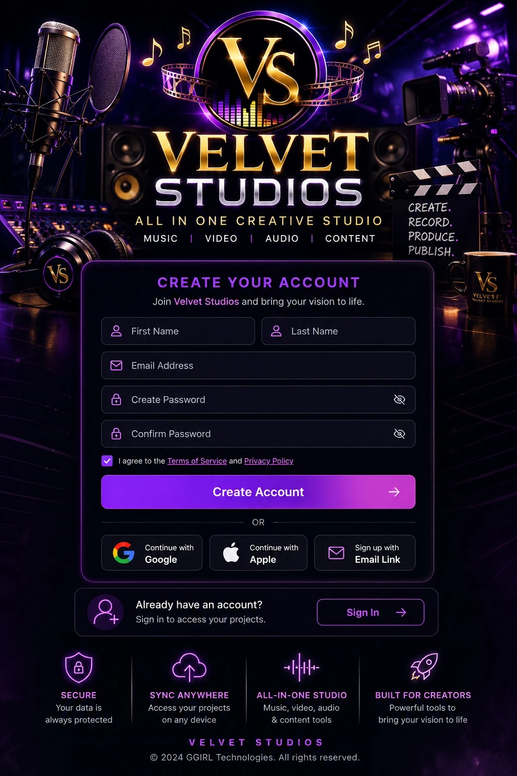Velvet Studios create account screen