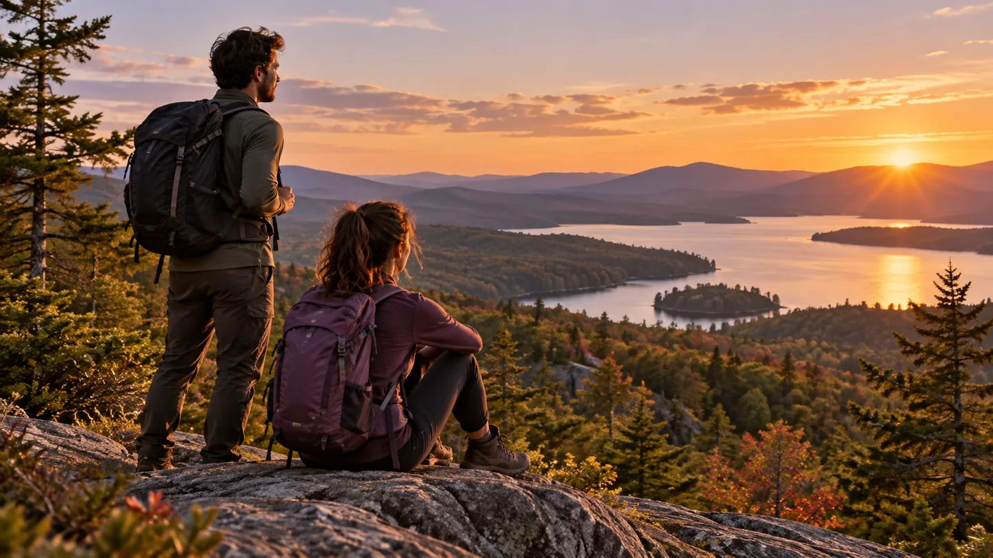 Outdoor explorers overlooking a mountain and lake landscape