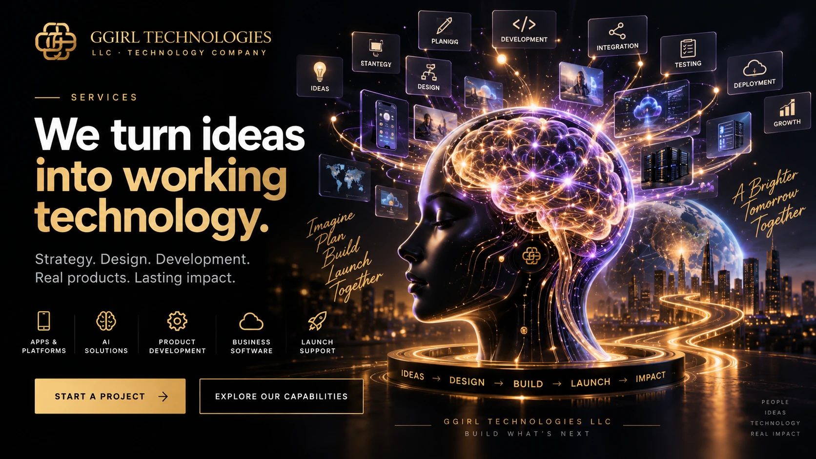 GGIRL Technologies services campaign showing a product moving from strategy through launch.